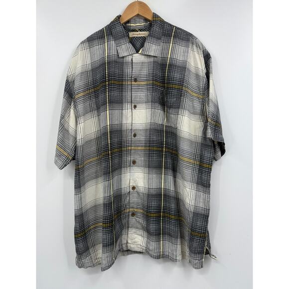 Tommy Bahama Shirt Mens Silk Button Down Gray Plaid Short Sleeve‎ Travel XXL - Picture 1 of 8